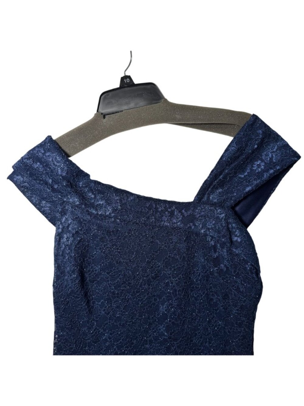 Vince Camuto Navy Shimmer Lace Draped Off Shoulder Cocktail Dress Womens Sz 10 - Picture 4 of 11